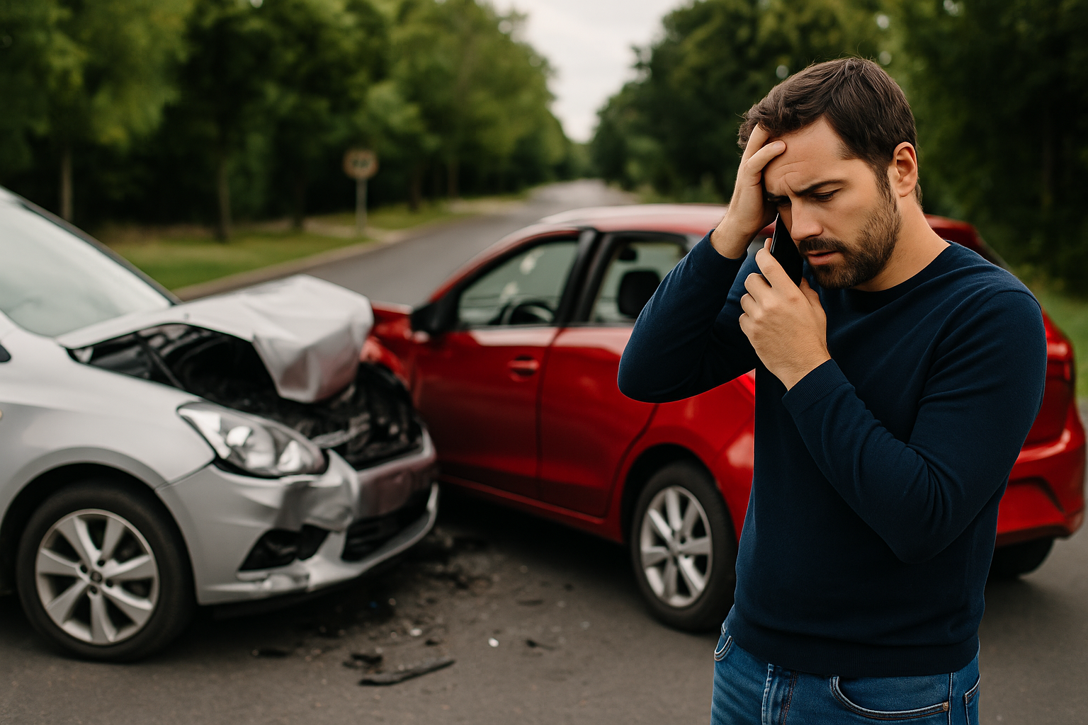 Persona afectada revisando daños tras un accidente